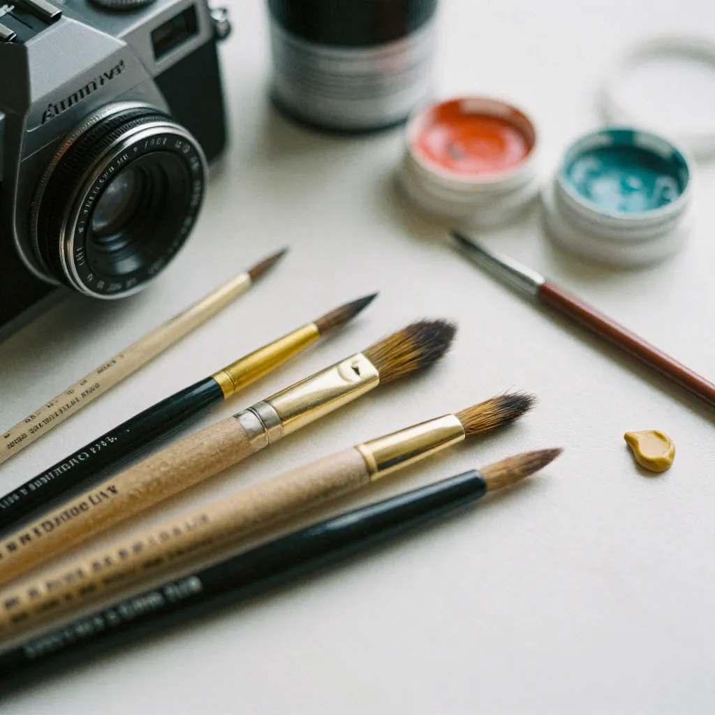 Eco-friendly paint materials and brushes arranged artistically